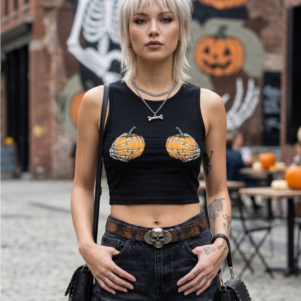 Black Pumpkin Graphic Crop Tank - Women's Halloween Crop Top